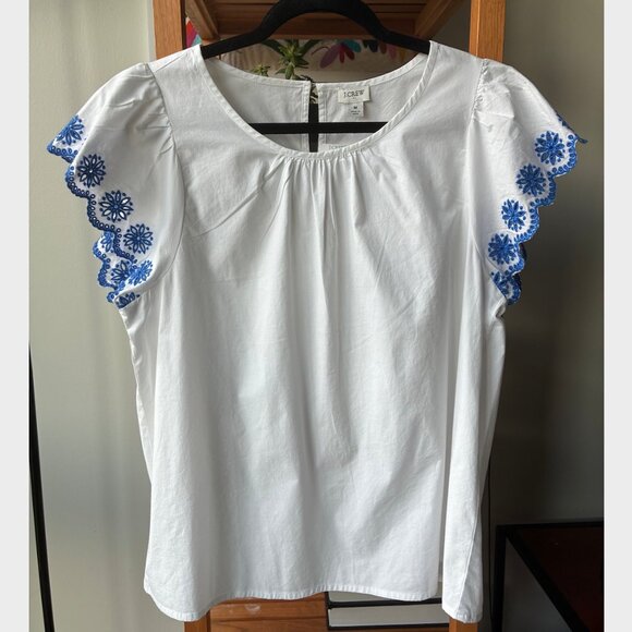 J. Crew NWT White & Blue Embroidered Flutter-Sleeve Blouse Cotton Poplin- Size M - Picture 3 of 8